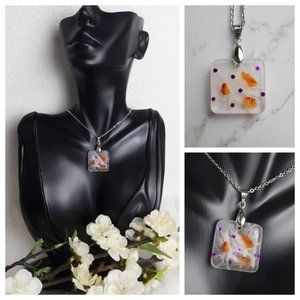 Purple and Orange Pendant Necklace Handmade Floating Gemstone and Crystals Resin